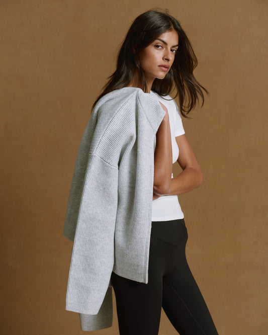 Ribbed Zip Through Knit Sweatshirt - Light Grey Melange/Burgundy