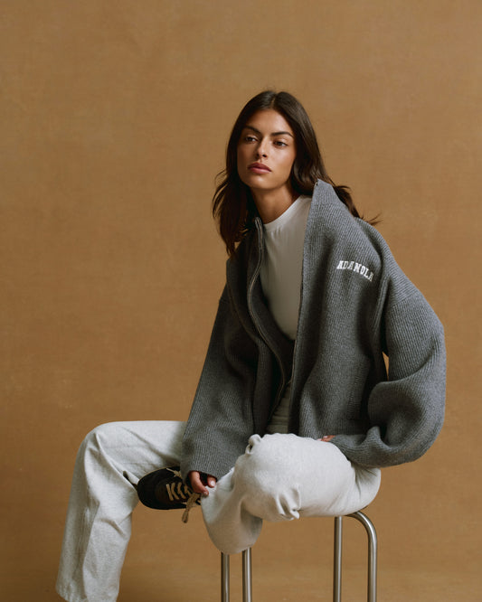 Ribbed Zip Through Knit Sweatshirt - Dark Grey Melange/Marshmallow White