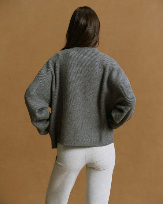 Ribbed Zip Through Knit Sweatshirt - Dark Grey Melange/Marshmallow White