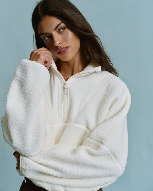 Seam Detail Quarter Zip Polar Fleece - Marshmallow White