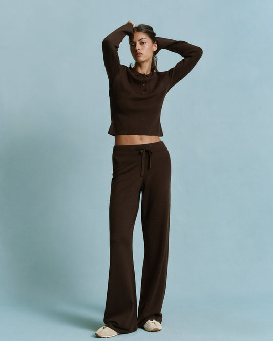 Knit Long Sleeve Button Up Top - Coffee Bean