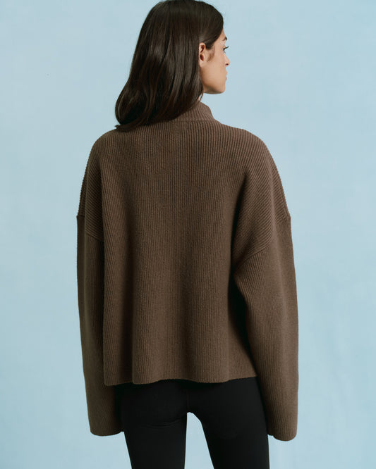Ribbed Zip Through Knit Sweatshirt - Dark Cocoa Brown