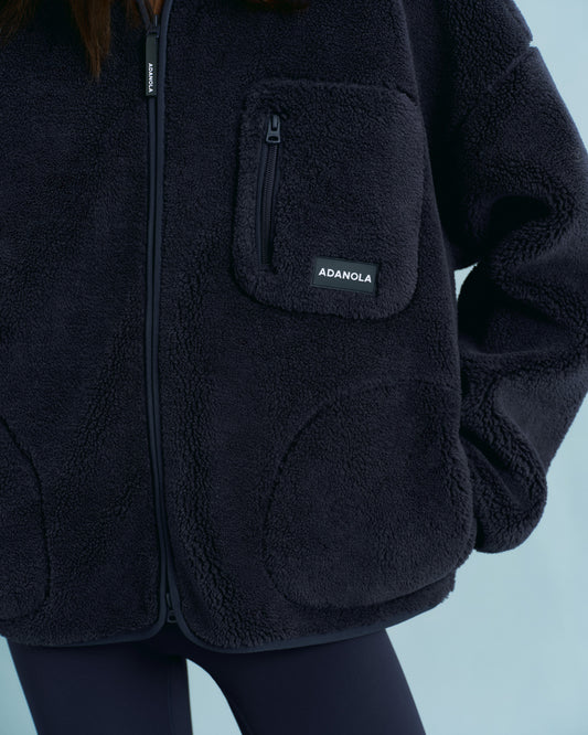 Oversized Pocket Zip Through Fleece - Navy Blue