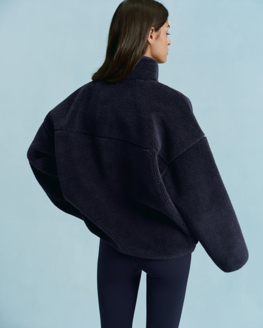 Oversized Pocket Zip Through Fleece - Navy Blue