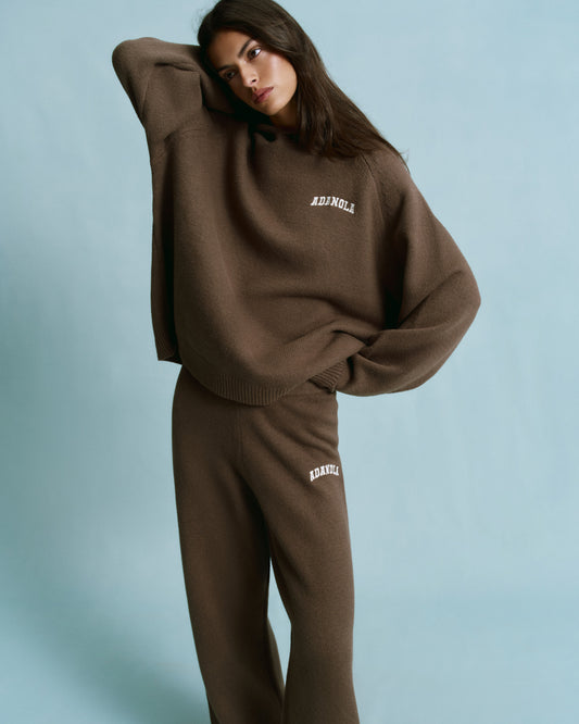 Chest Varsity Oversized Knit Hoodie - Dark Cocoa Brown/Marshmallow White