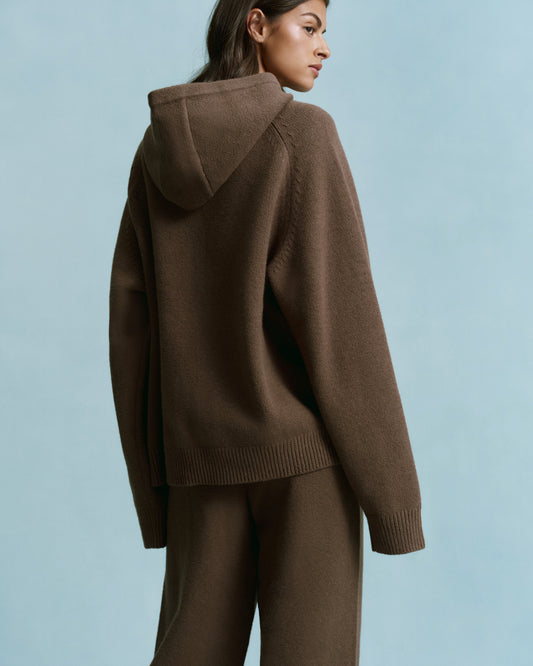 Chest Varsity Oversized Knit Hoodie - Dark Cocoa Brown/Marshmallow White