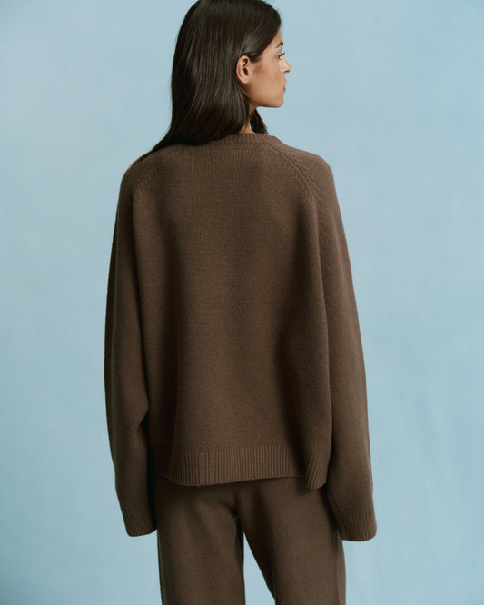 Varsity Boucle Oversized Knit Sweatshirt - Dark Cocoa Brown/Marshmallow White