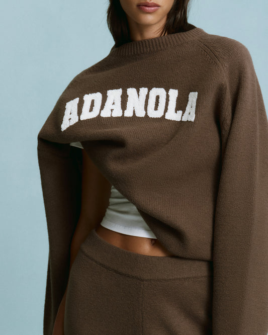 Varsity Boucle Oversized Knit Sweatshirt - Dark Cocoa Brown/Marshmallow White