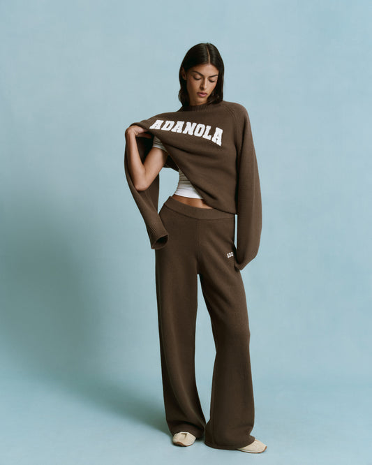 Varsity Boucle Oversized Knit Sweatshirt - Dark Cocoa Brown/Marshmallow White