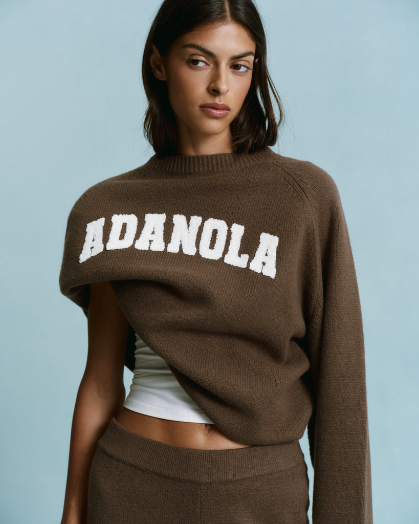 Varsity Boucle Oversized Knit Sweatshirt - Dark Cocoa Brown/Marshmallow White