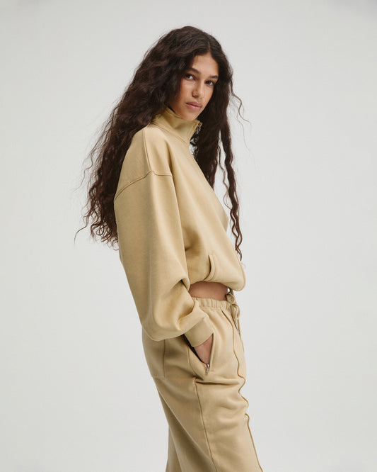 Drawcord Zip Through Sweatshirt - Caramel Beige
