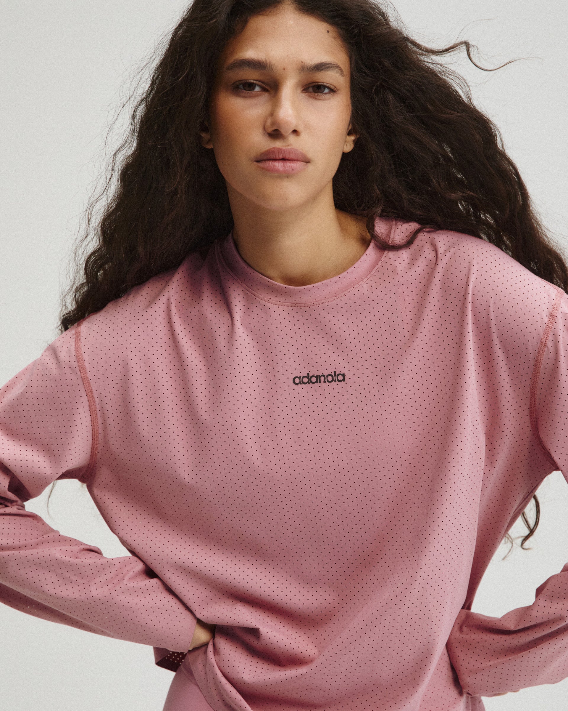 Laser Cut Long Sleeve Mesh Top - Dusty Pink