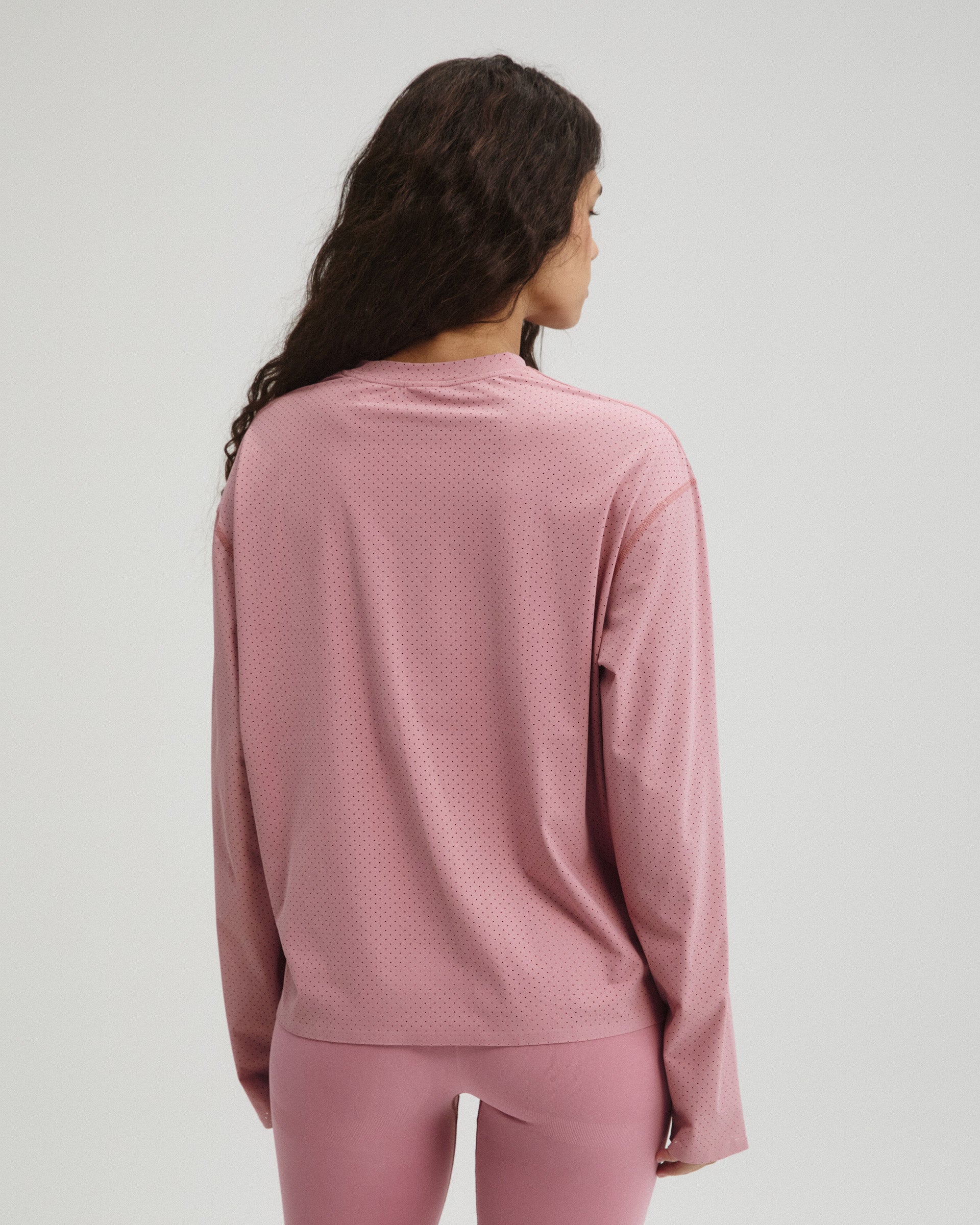 Laser Cut Long Sleeve Mesh Top - Dusty Pink