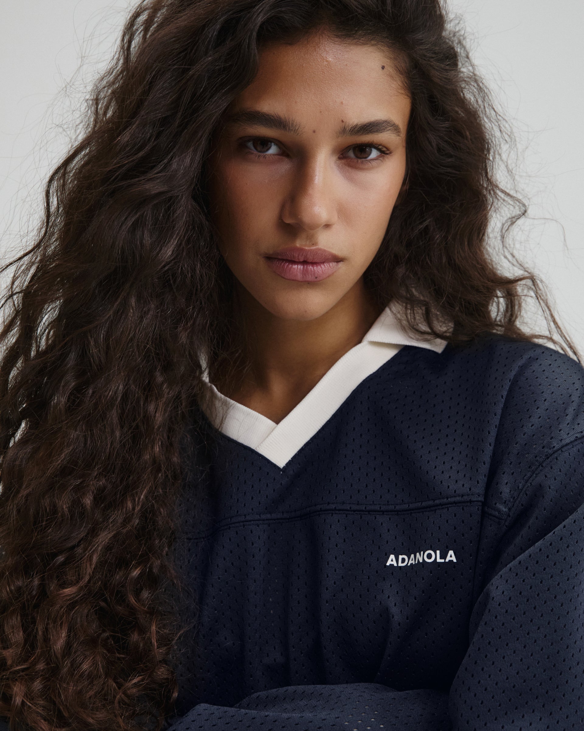 Collared Mesh Long Sleeve Jersey Top - Midnight Blue – Adanola