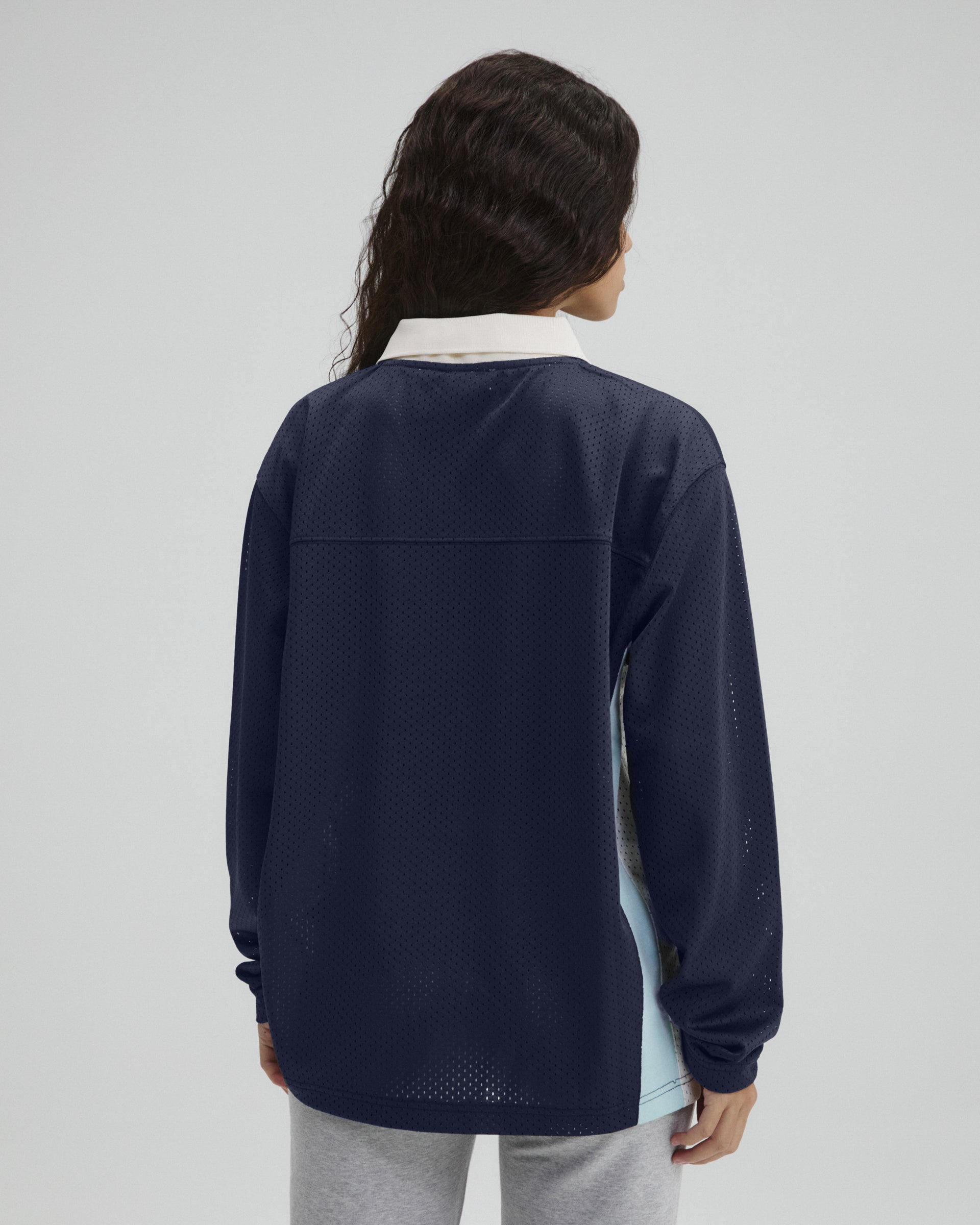 Collared Mesh Long Sleeve Jersey Top - Midnight Blue – Adanola