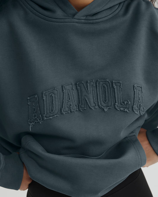 Distressed Varsity Washed Oversized Hoodie - Storm Blue