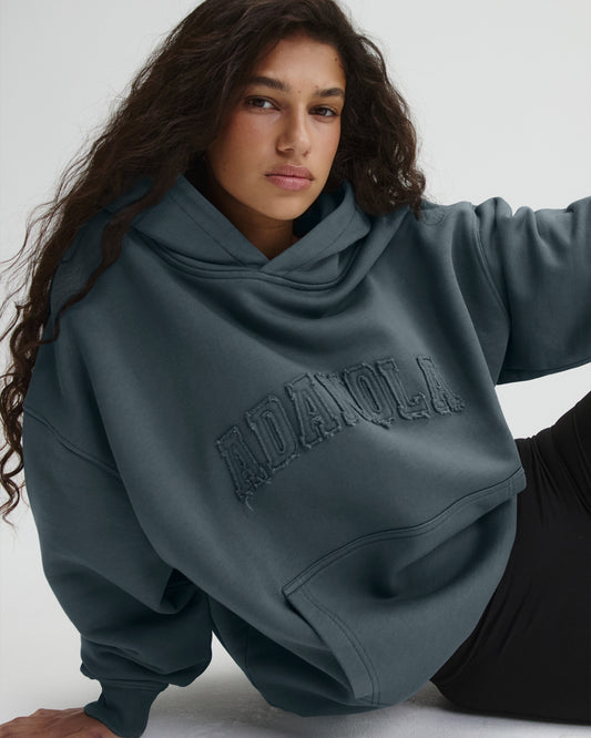 Distressed Varsity Washed Oversized Hoodie - Storm Blue
