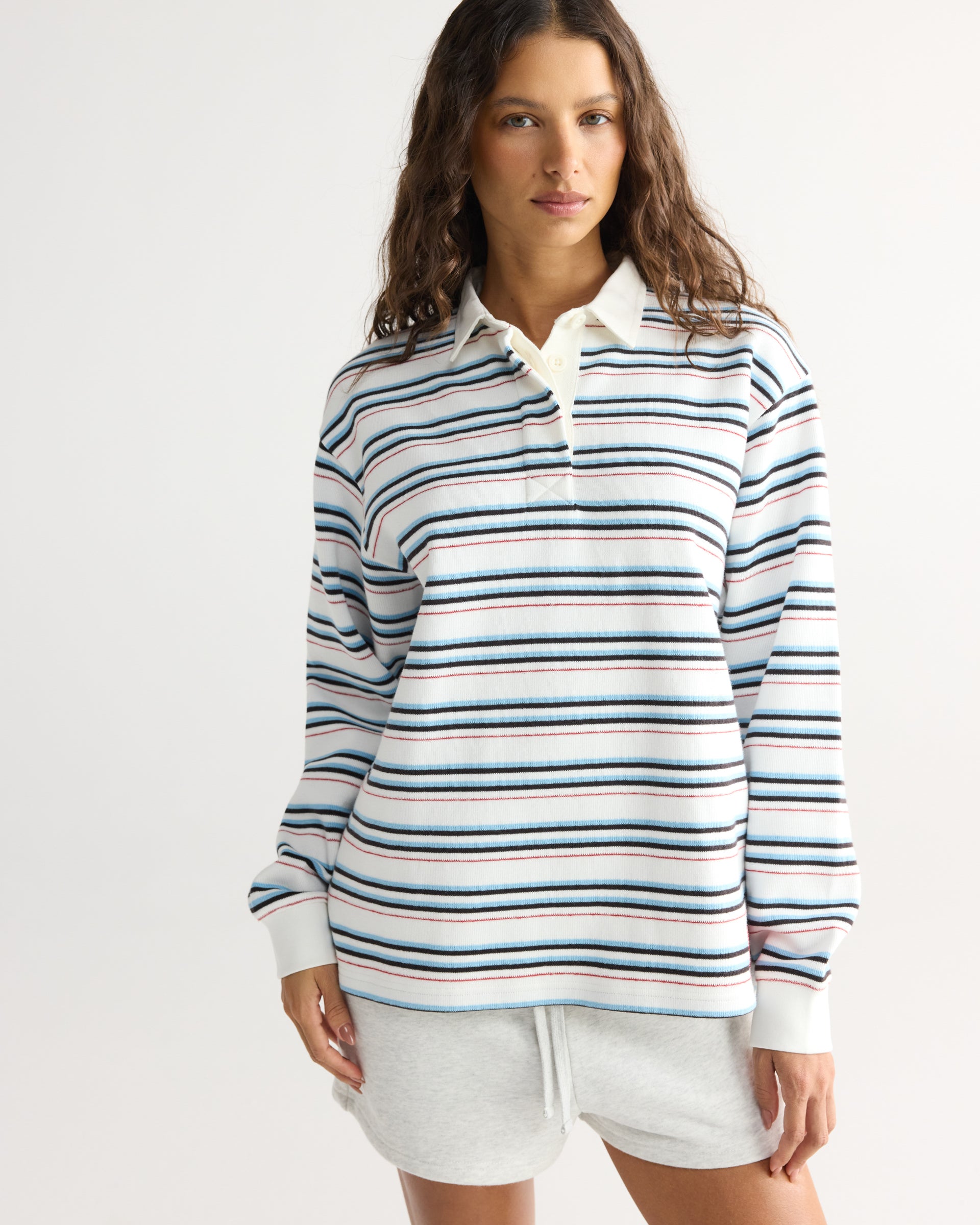 Varsity Oversized Stripe Rugby Top - Airy Blue/Marshmallow White