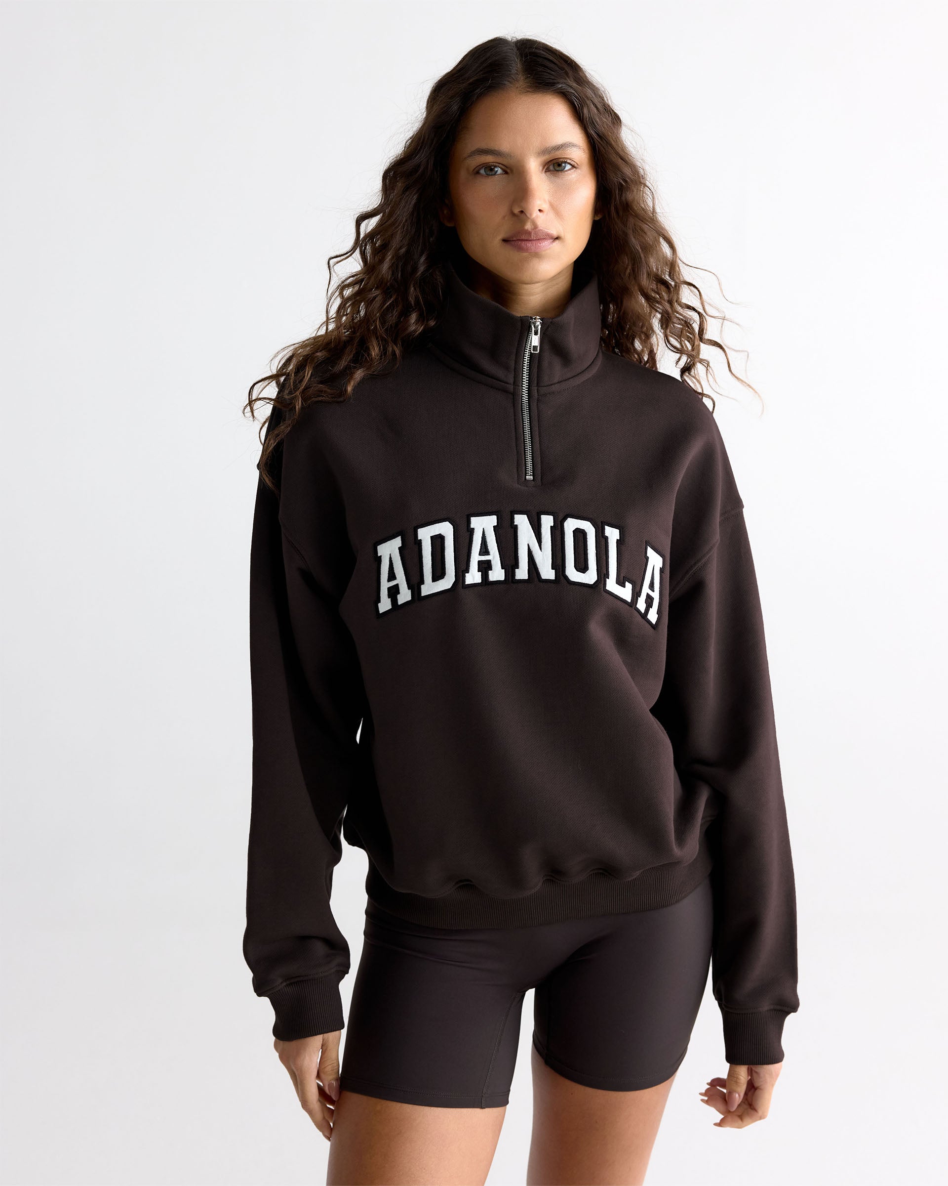 Varsity Relaxed Funnel Neck Zip Sweatshirt - Coffee Bean/Marshmallow White
