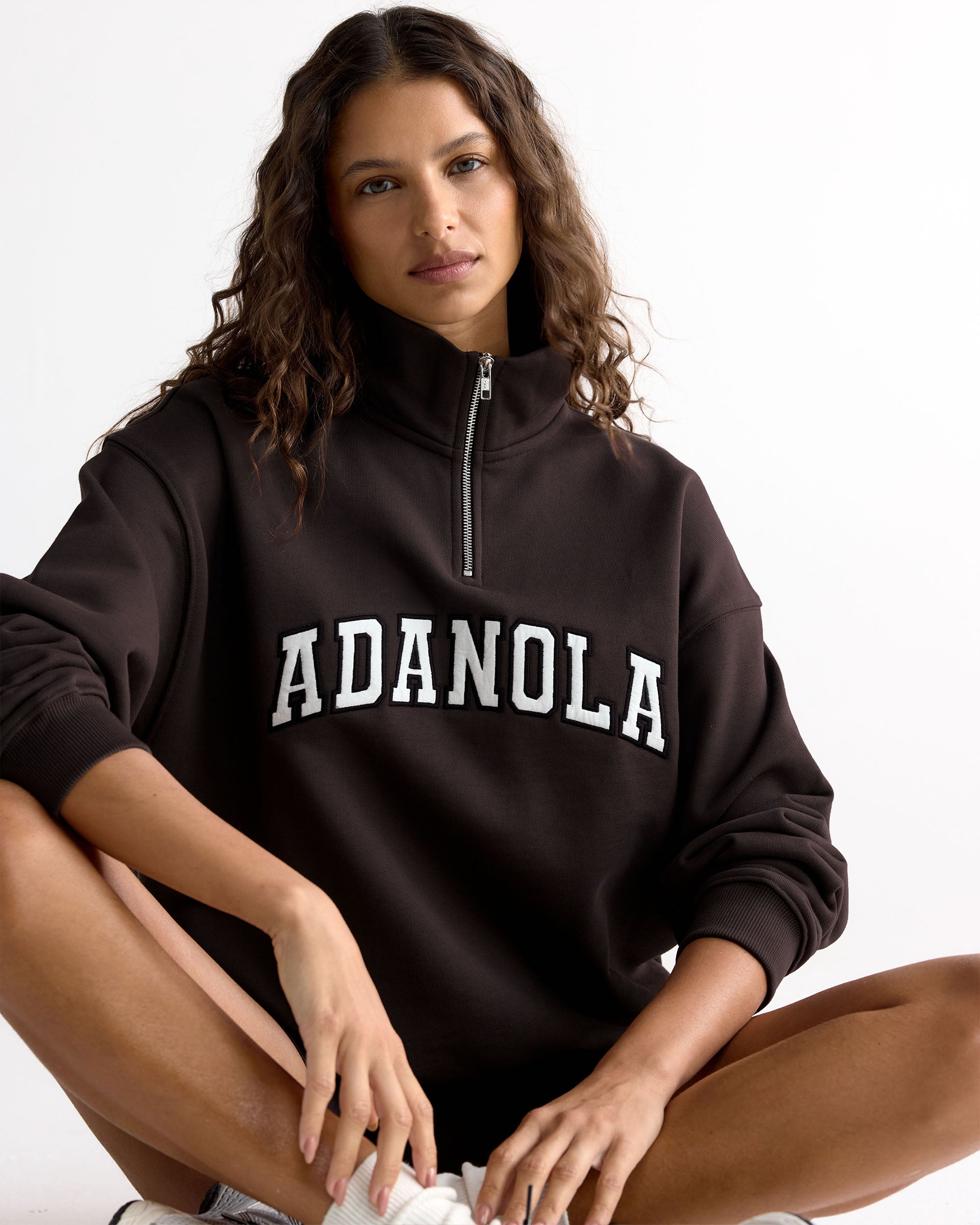 Varsity Relaxed Funnel Neck Zip Sweatshirt - Coffee Bean/Marshmallow White