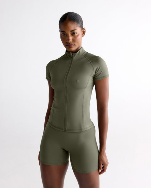Ultimate Short Sleeve Zip Up Top - Olive Green – Adanola
