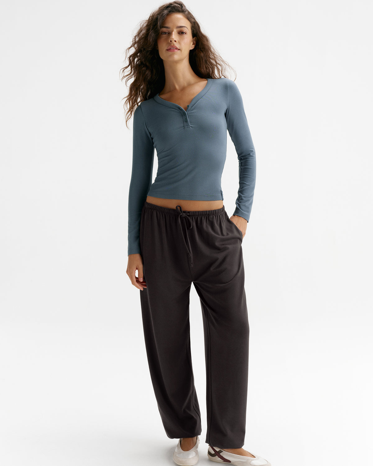 Modal Soft Henley Long Sleeve Top - Storm Blue