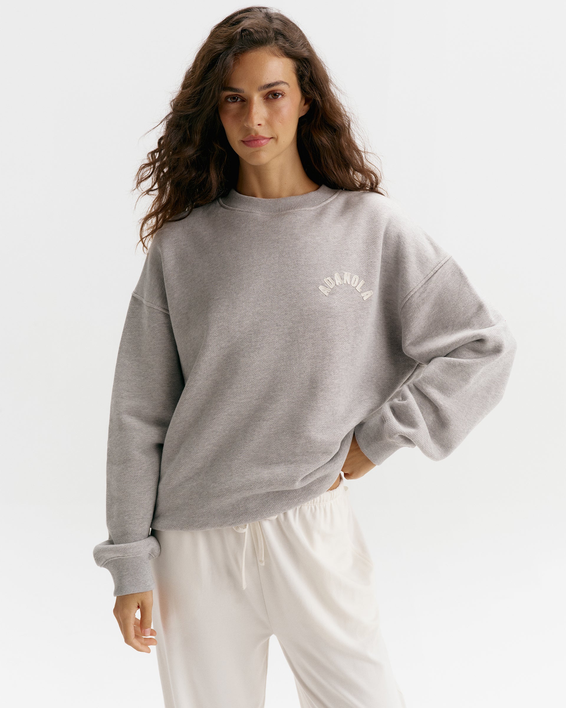 Classic Adanola Sport Applique Oversized Sweatshirt - Heather Grey/Marshmallow White