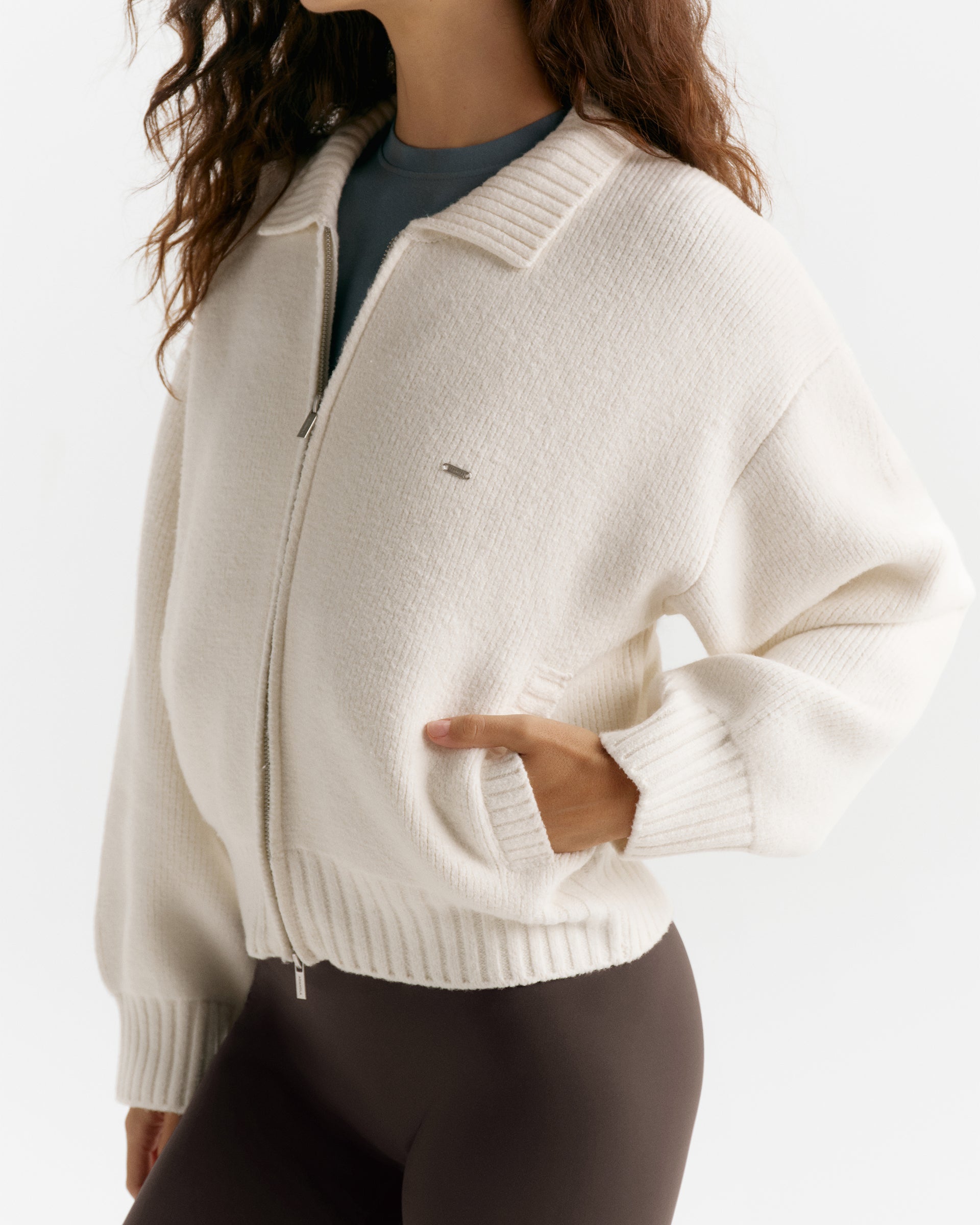 Knit Collared Bomber Jacket - Marshmallow White