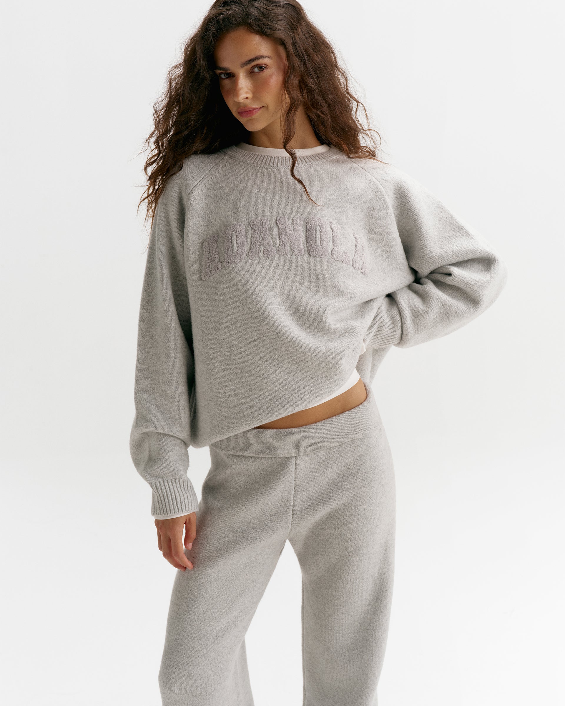 Varsity Boucle Oversized Knit Sweatshirt - Light Grey Melange