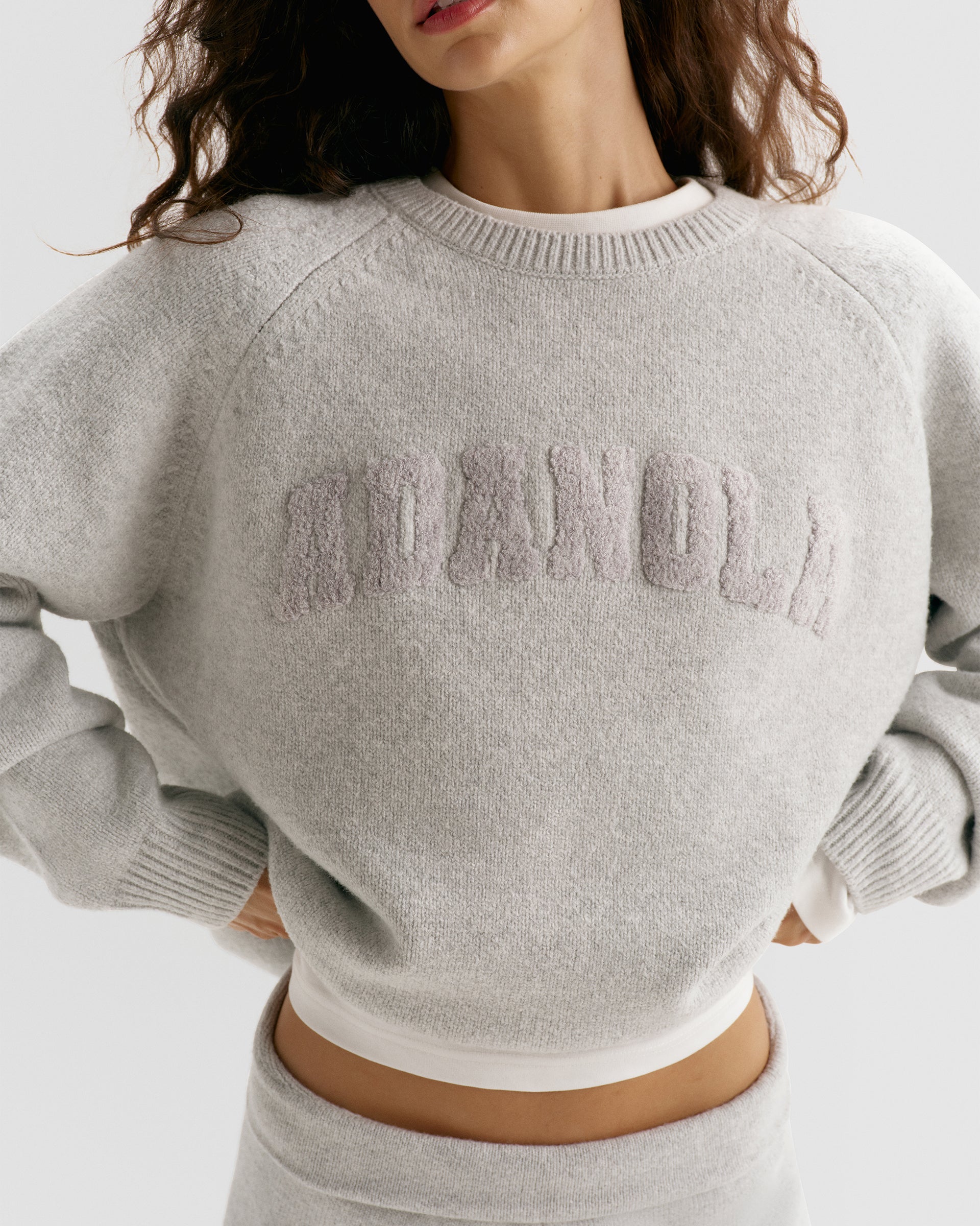 Varsity Boucle Oversized Knit Sweatshirt - Light Grey Melange