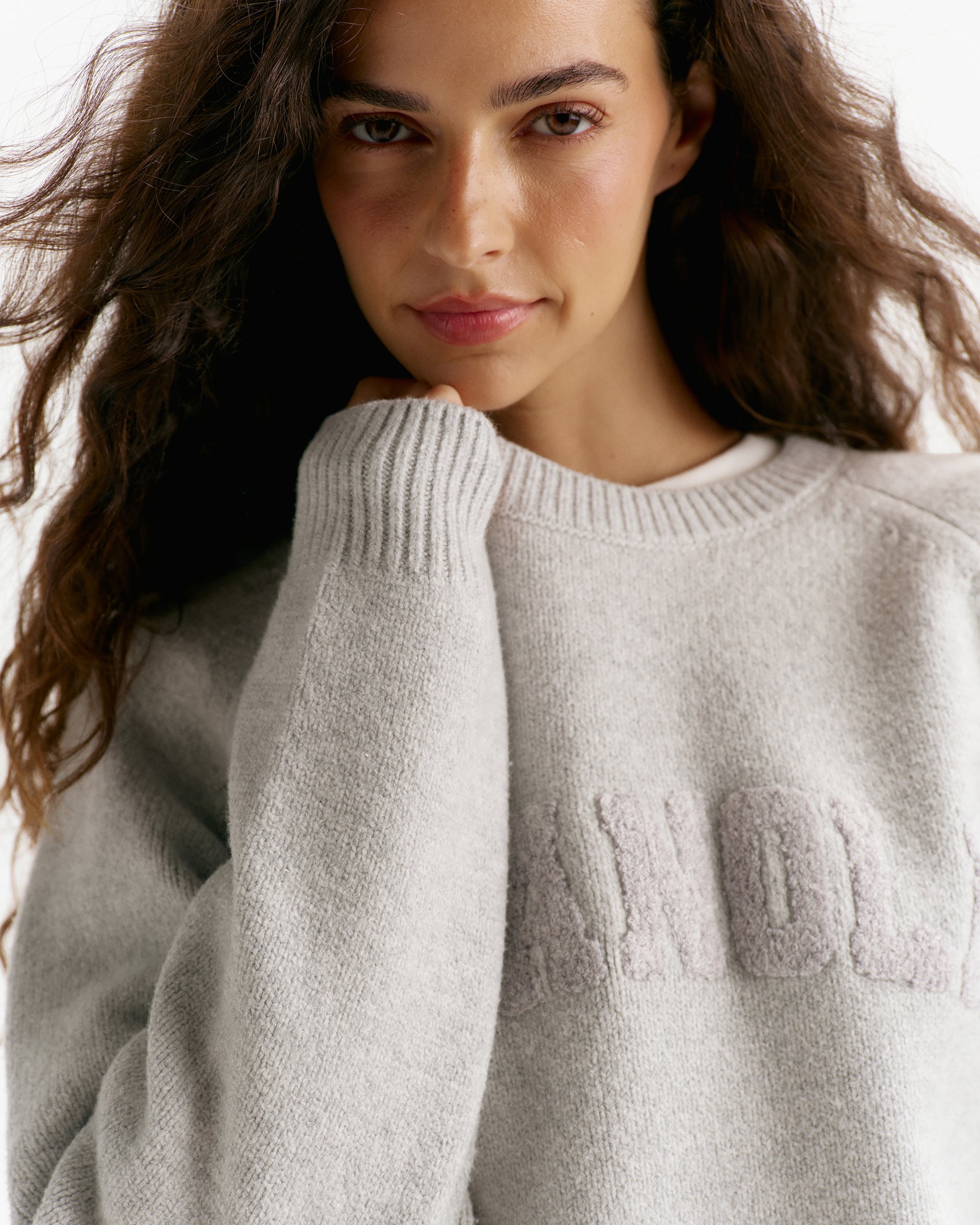 Varsity Boucle Oversized Knit Sweatshirt - Light Grey Melange
