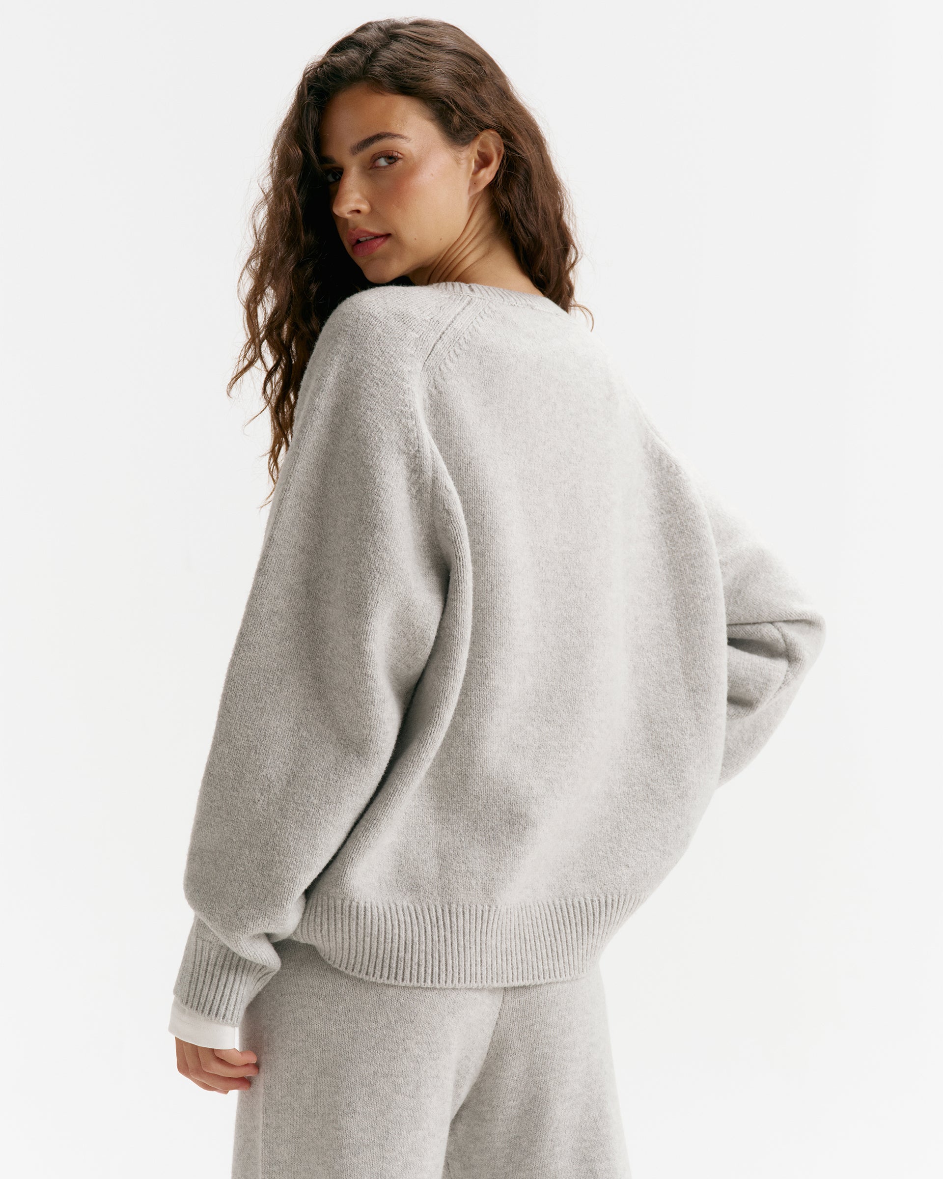 Varsity Boucle Oversized Knit Sweatshirt - Light Grey Melange