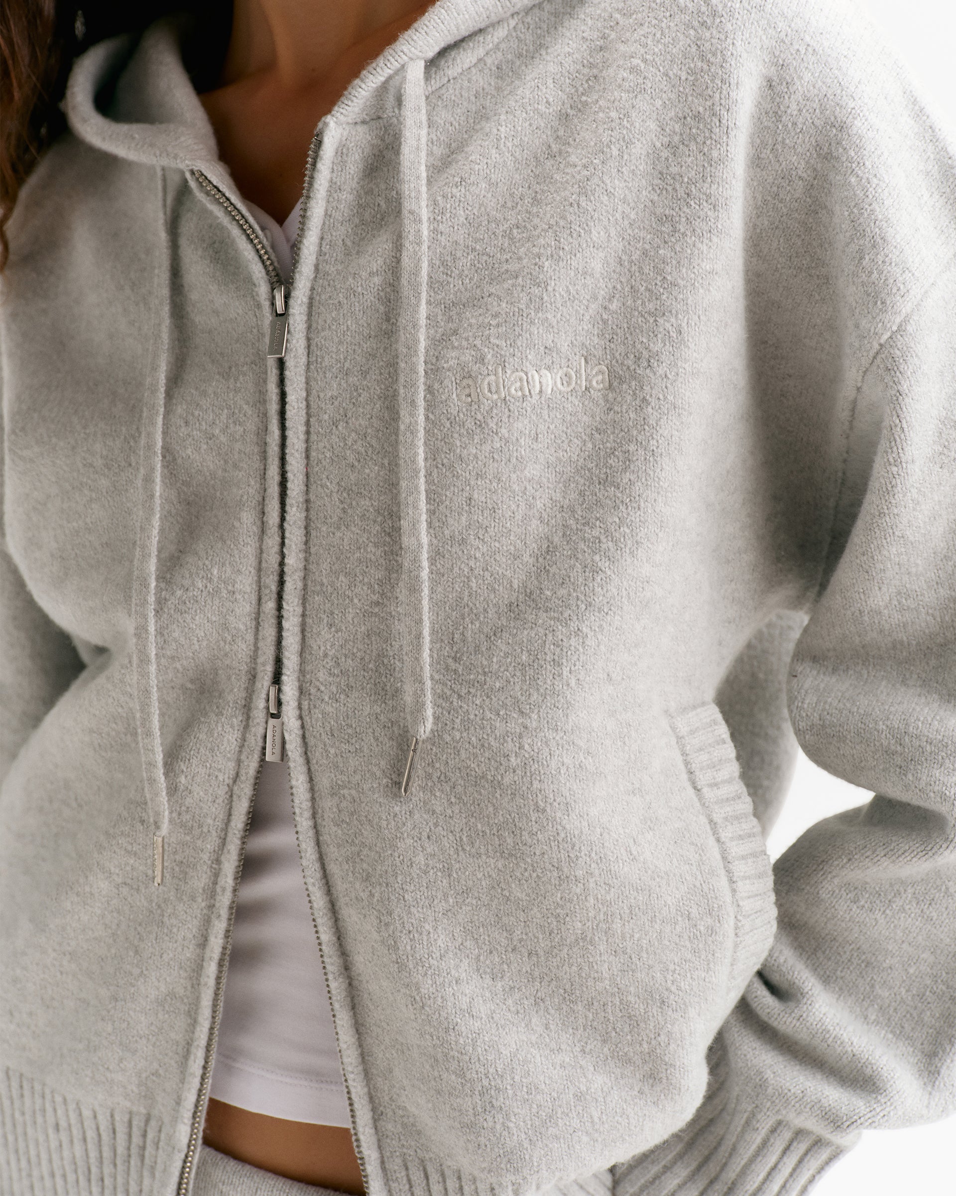 Adanola Knit Hooded Bomber Jacket - Light Grey Melange