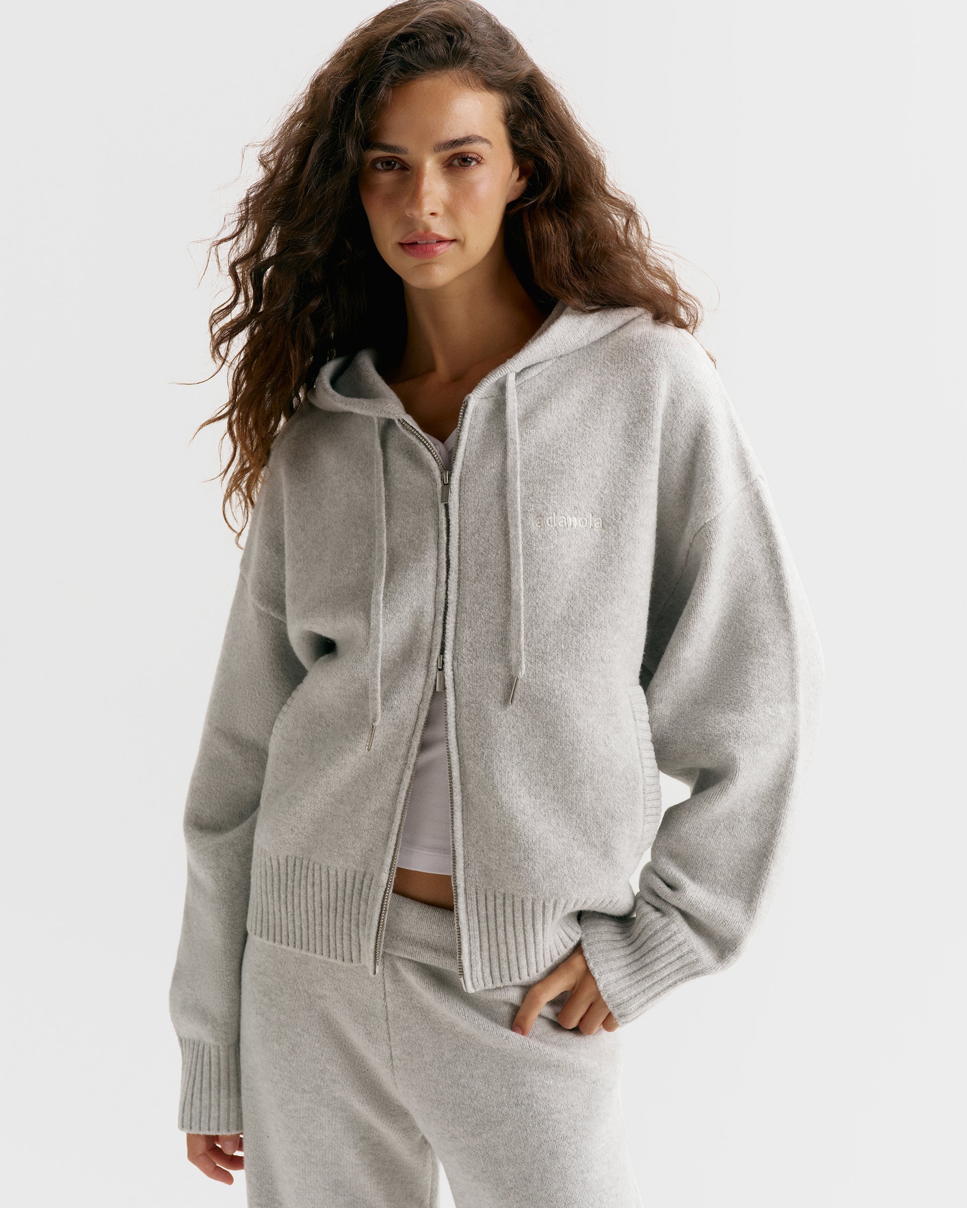 Adanola Knit Hooded Bomber Jacket - Light Grey Melange