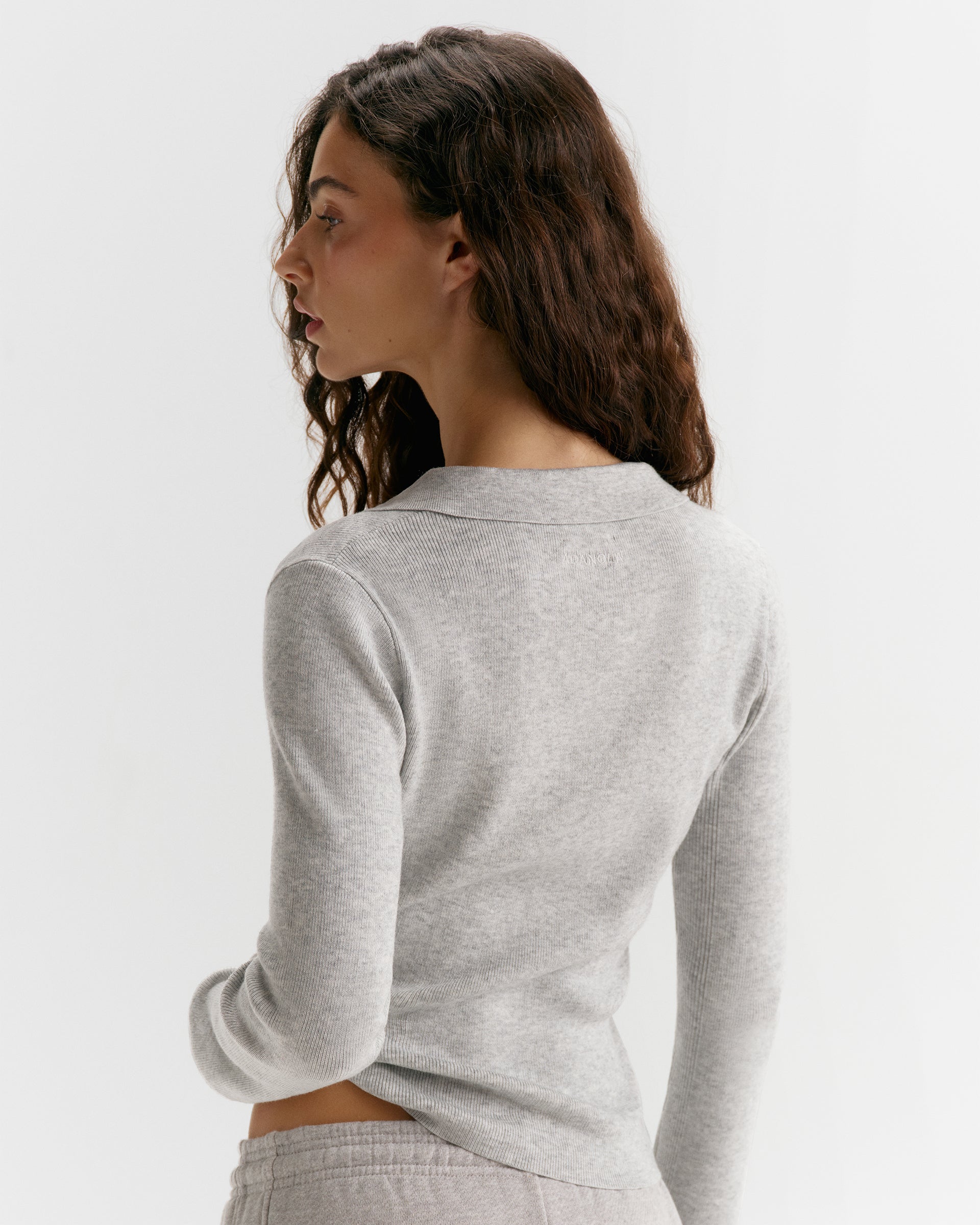 Knit Collar Long Sleeve Top - Light Grey Melange