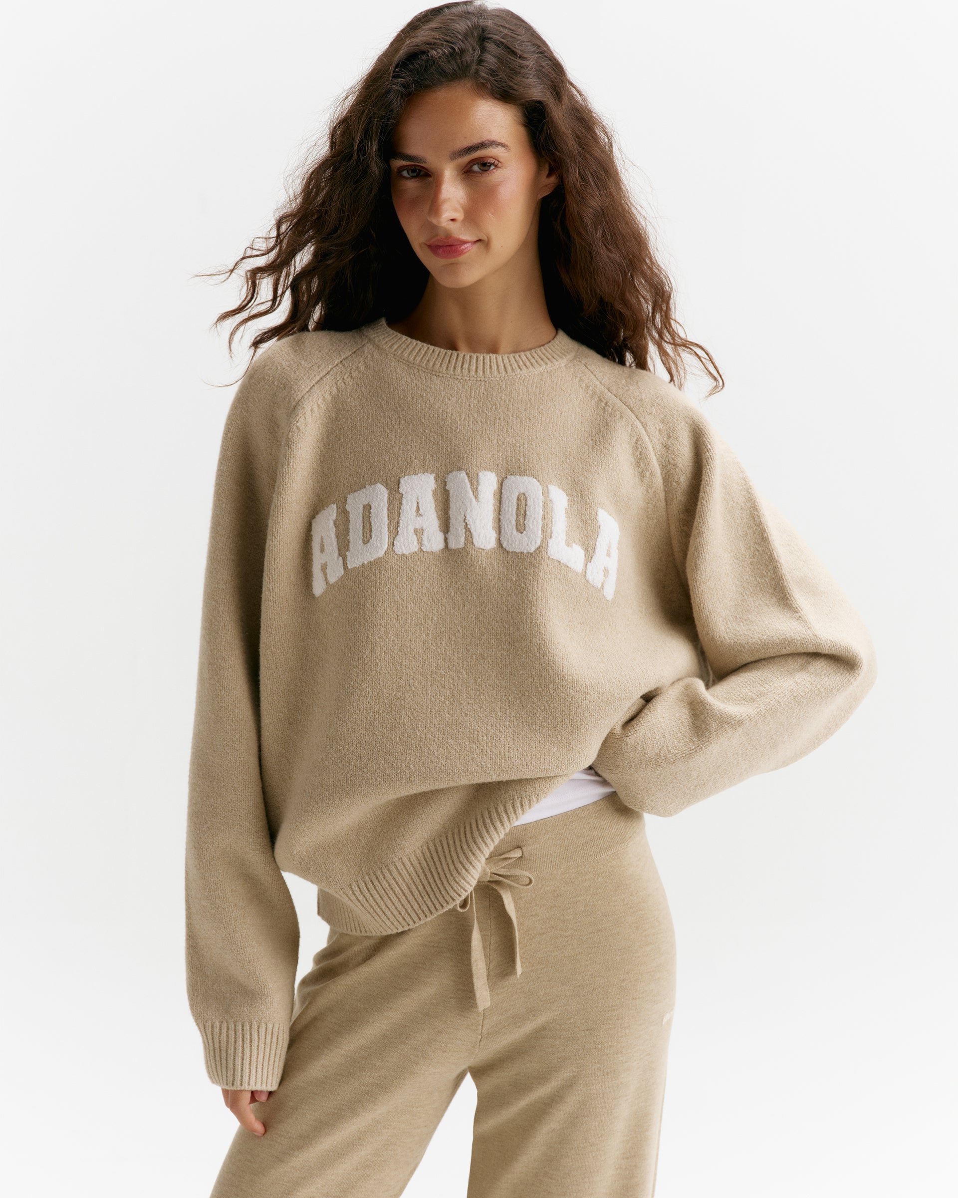 Varsity Boucle Oversized Knit Sweatshirt - Oatmeal