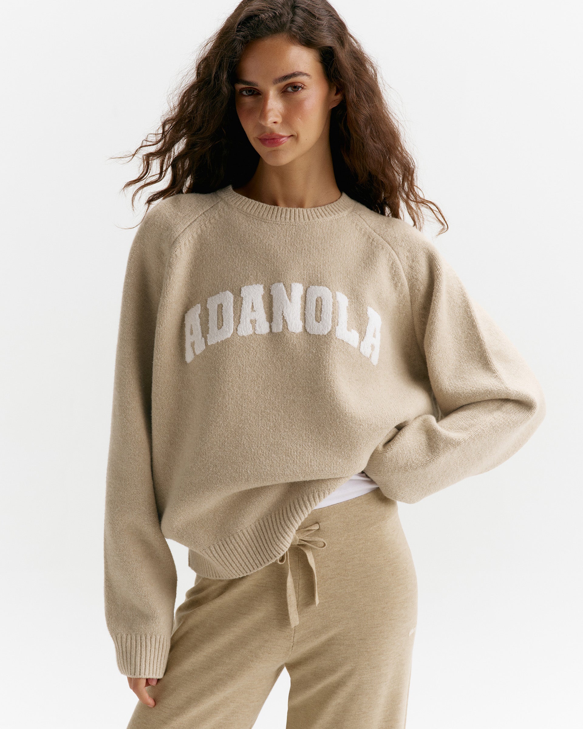 Varsity Boucle Oversized Knit Sweatshirt - Oatmeal
