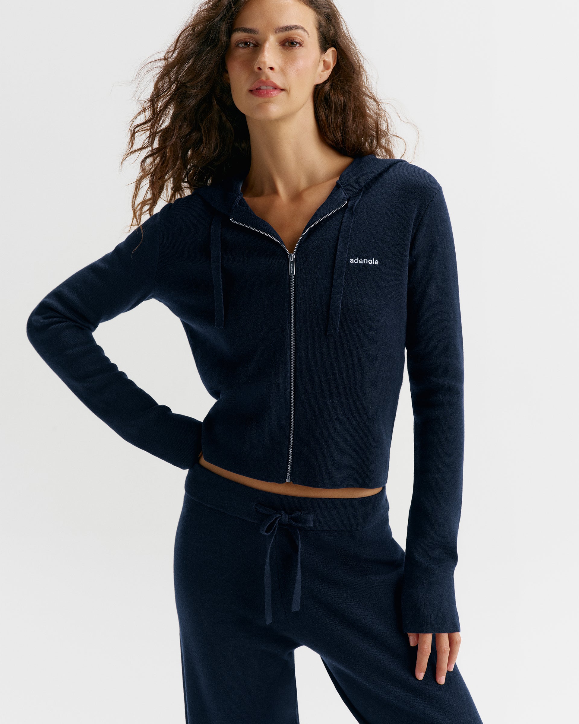 Adanola Knit Zip Up Hoodie - Navy Blue