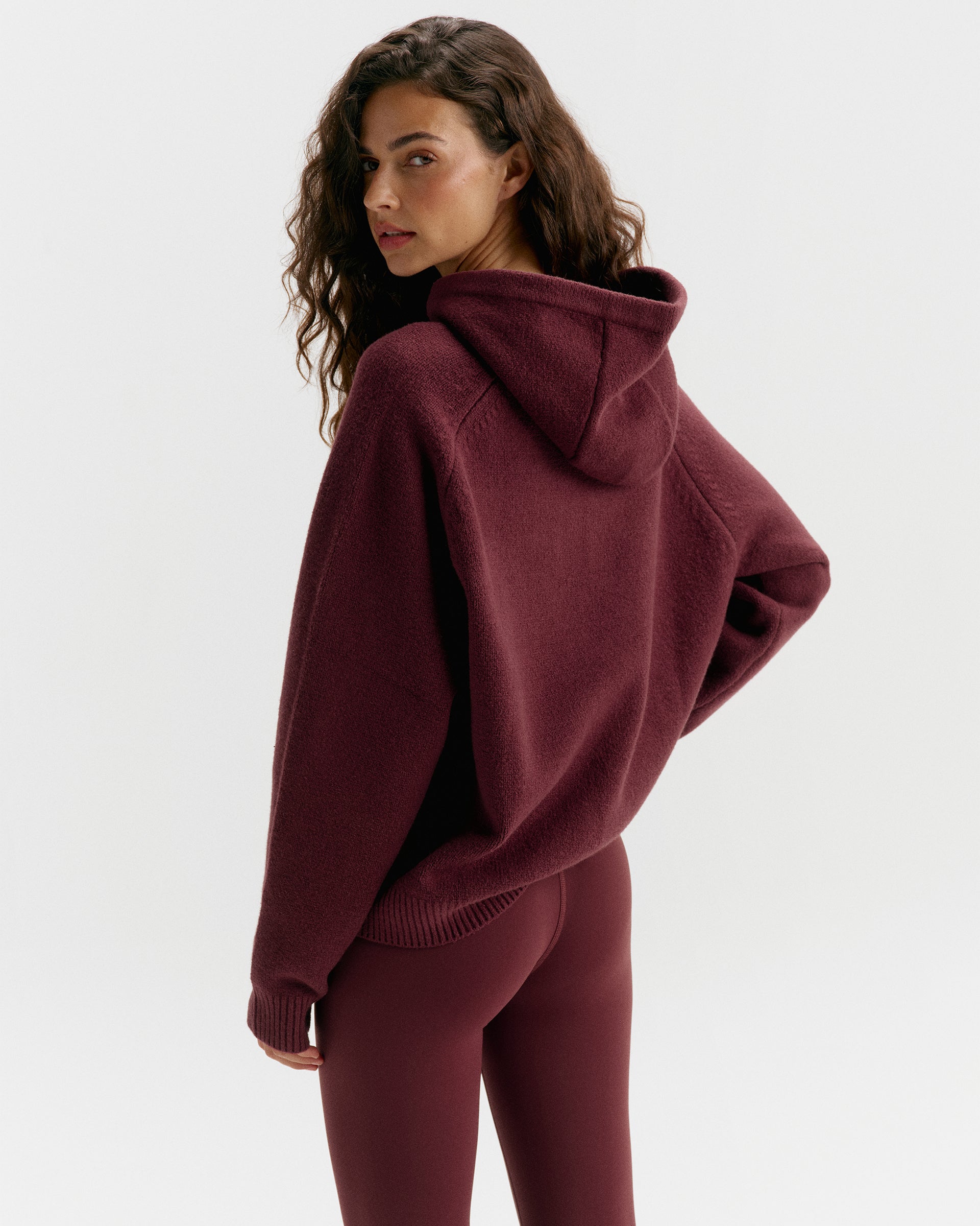 Varsity Oversized Knit Hoodie - Damson Red