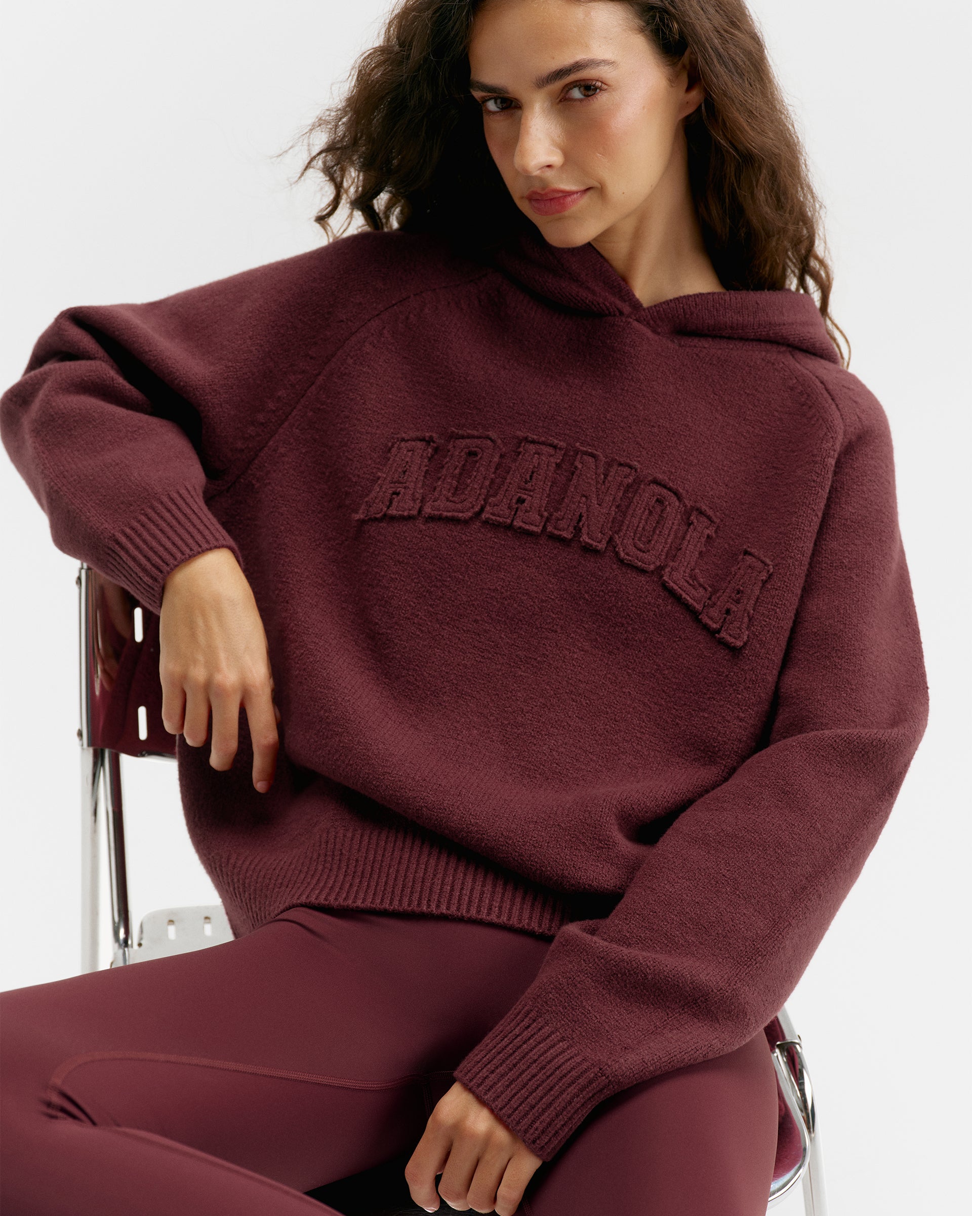 Varsity Oversized Knit Hoodie - Damson Red