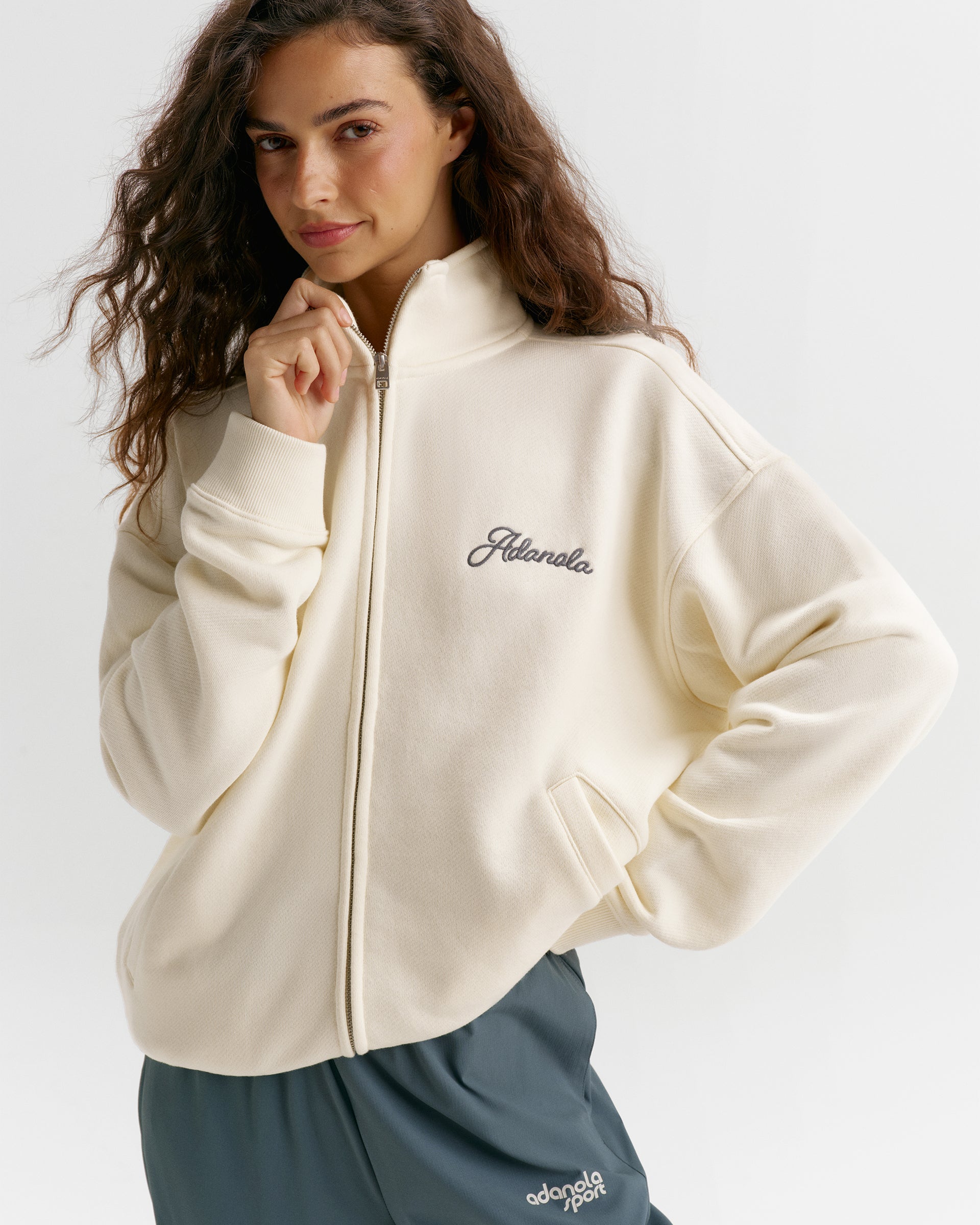 Classic Adanola Script Relaxed Zip Through Funnel Neck Sweatshirt - Marshmallow White/Storm Blue