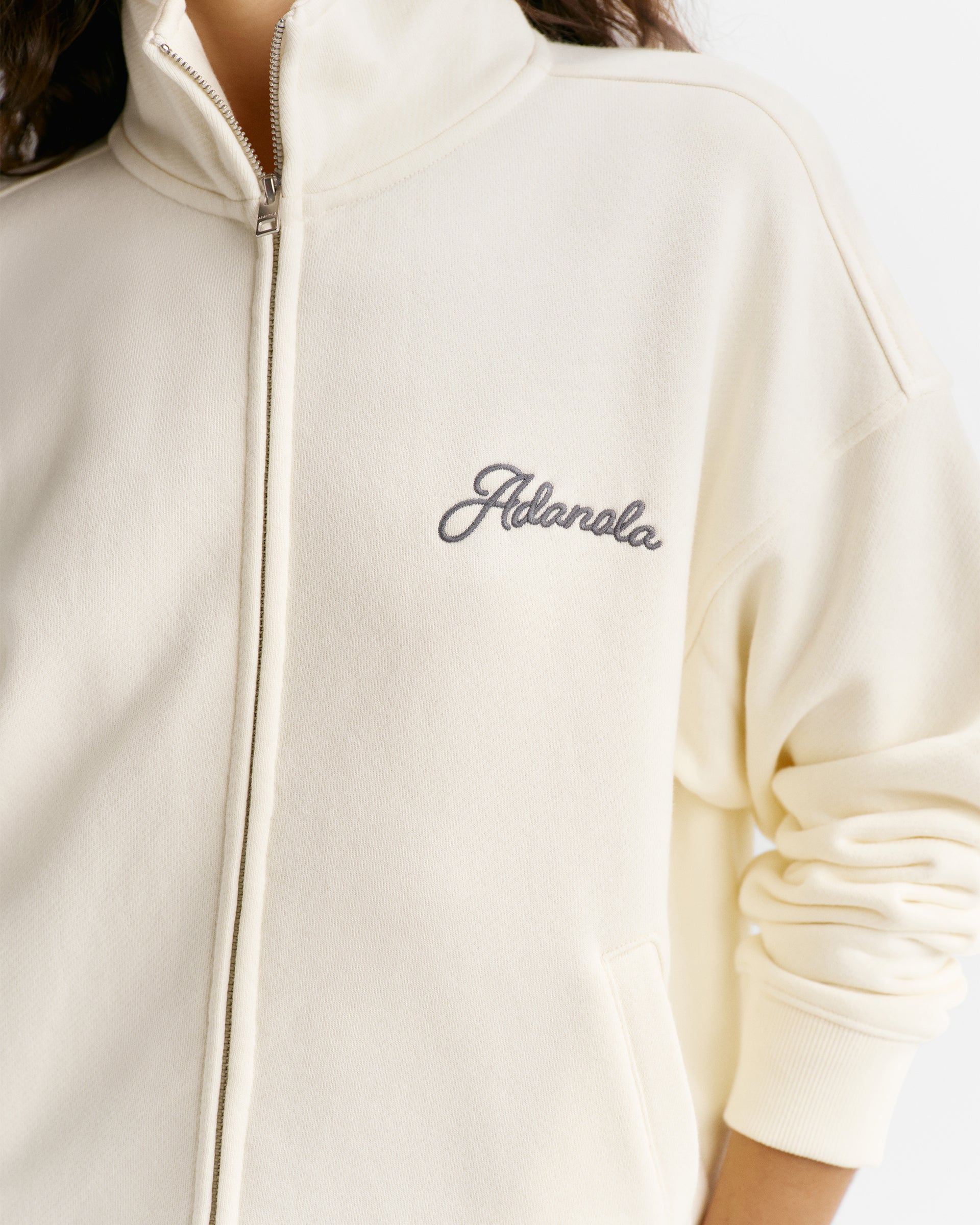 Classic Adanola Script Relaxed Zip Through Funnel Neck Sweatshirt - Marshmallow White/Storm Blue
