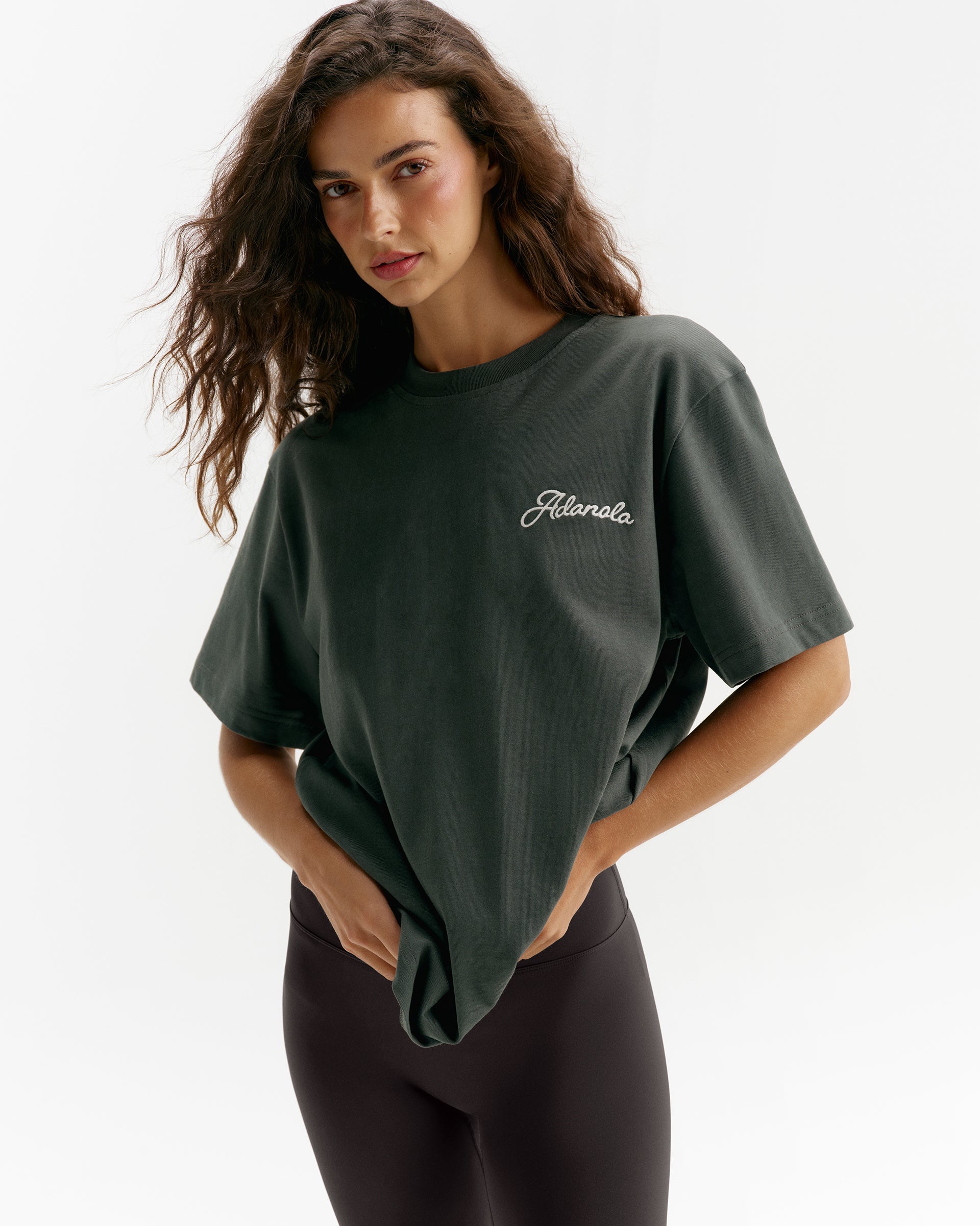 Adanola Script Embroidered Short Sleeve Oversized T-shirt - Sea Green/Marshmallow White
