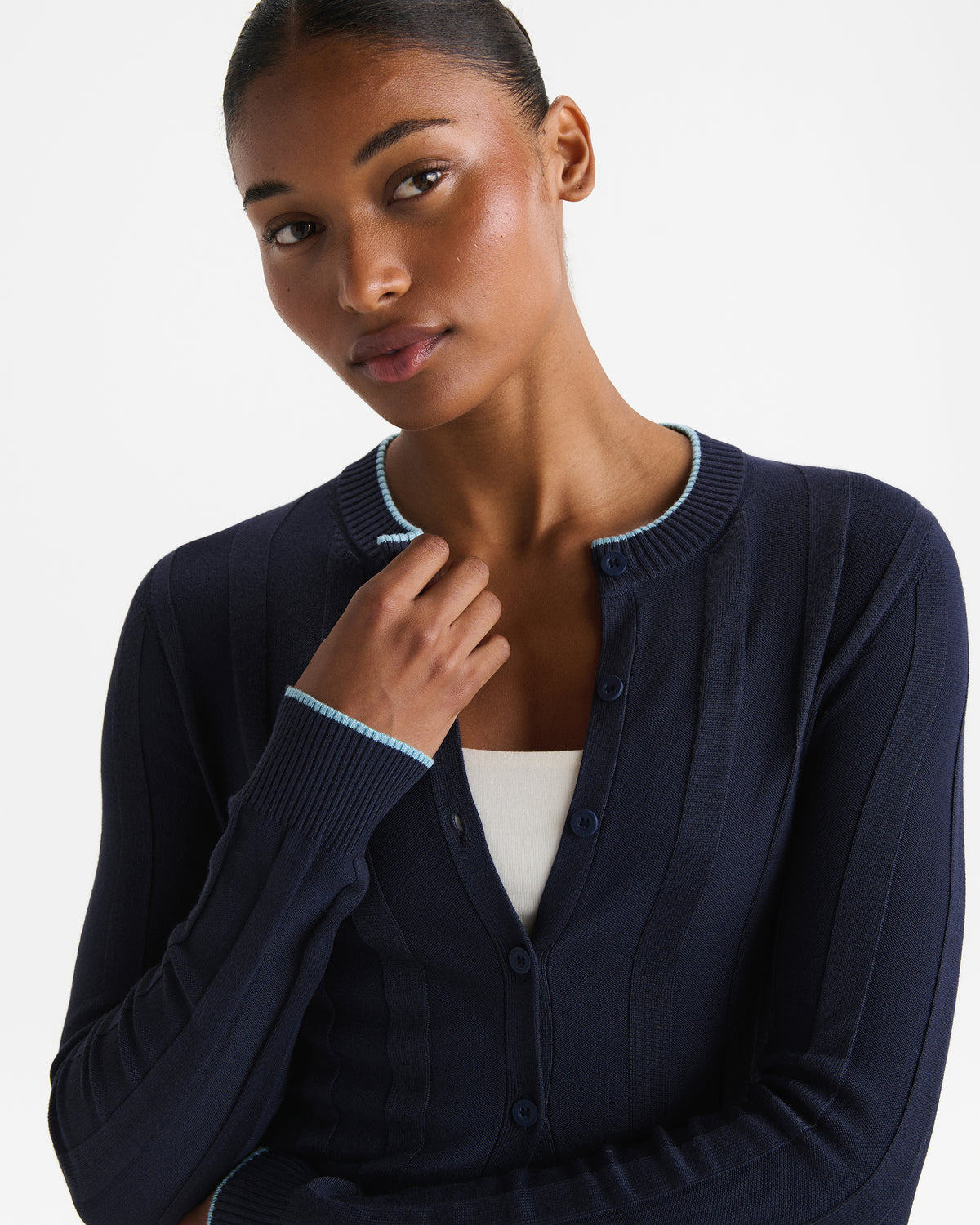 Rib Knit Contrast Tipping Cardigan - Navy Blue/Ocean Blue