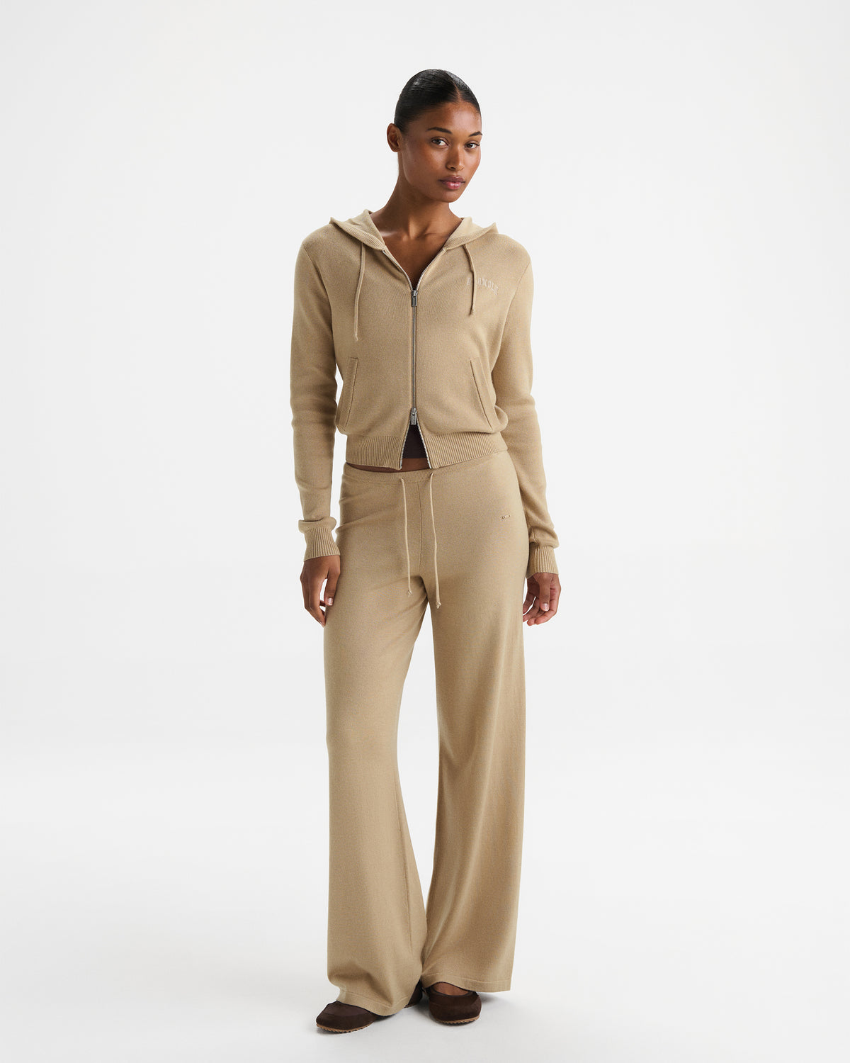 Knit Zip Through Hoodie - Almond