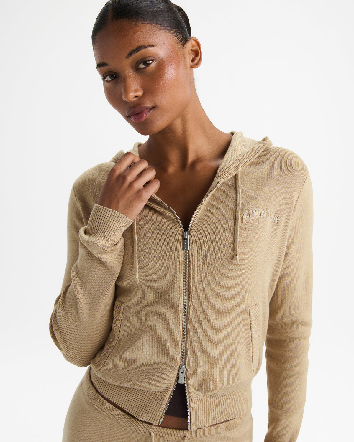 Knit Zip Through Hoodie - Almond