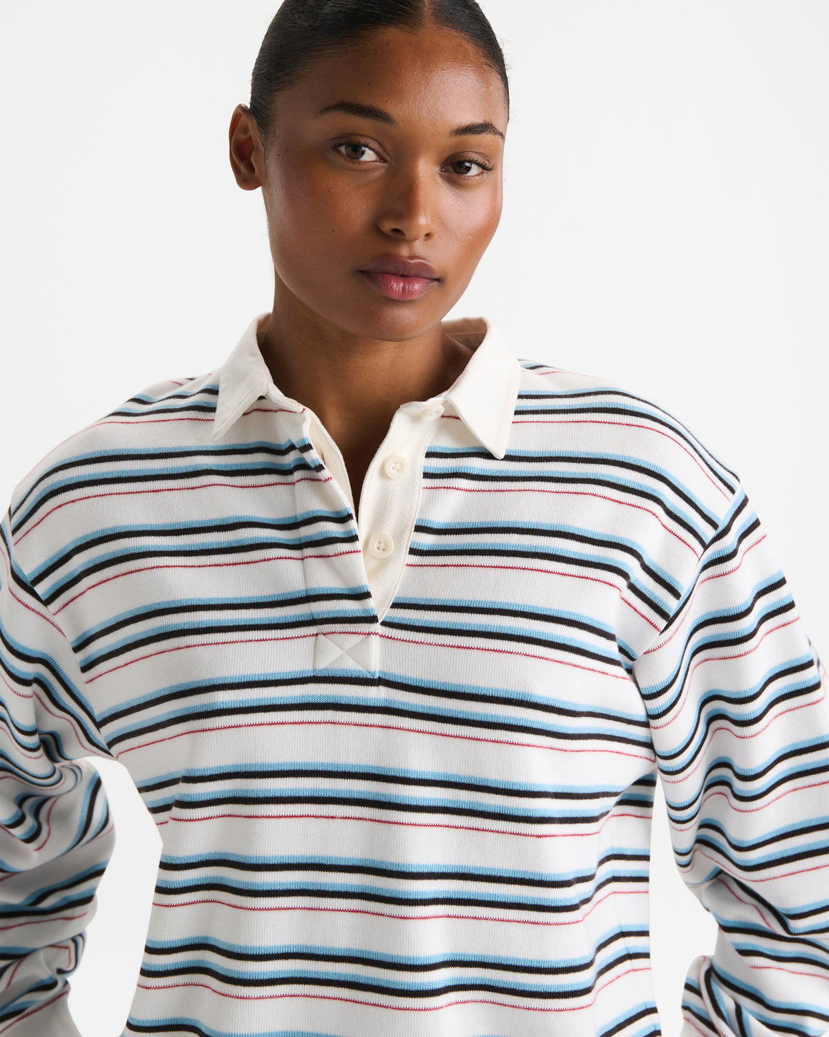Varsity Oversized Stripe Rugby Sweatshirt - Airy Blue/Marshmallow White
