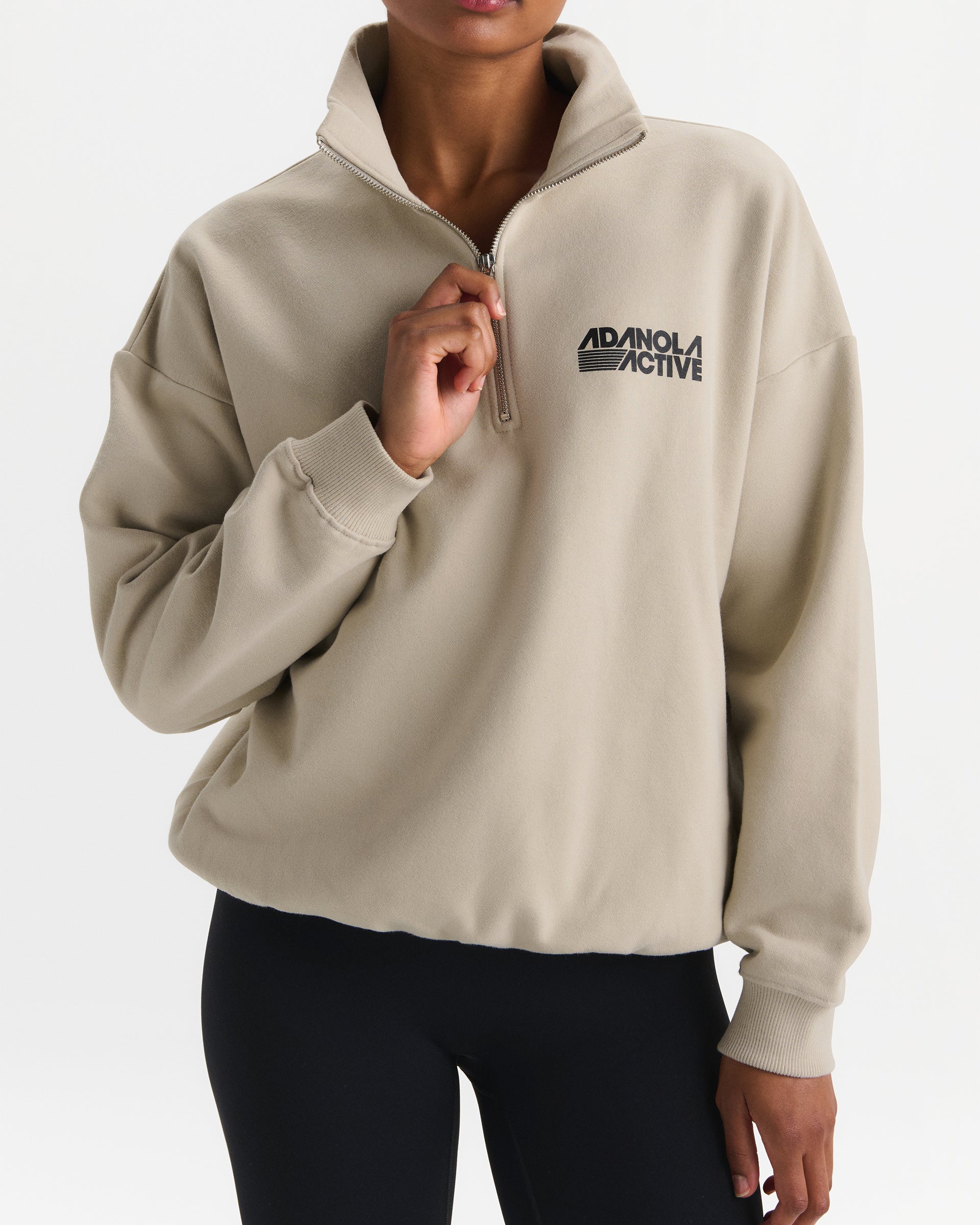 Retro Sports Oversized Funnel Neck Zip Sweatshirt - Stone