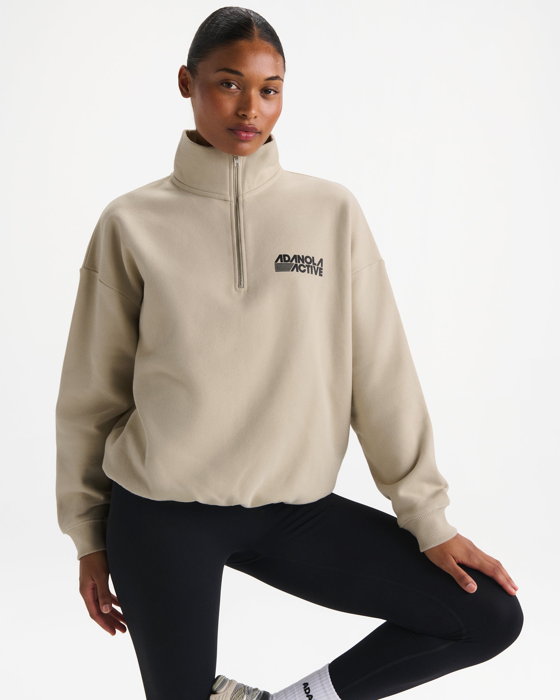 Retro Sports Oversized Funnel Neck Zip Sweatshirt - Stone