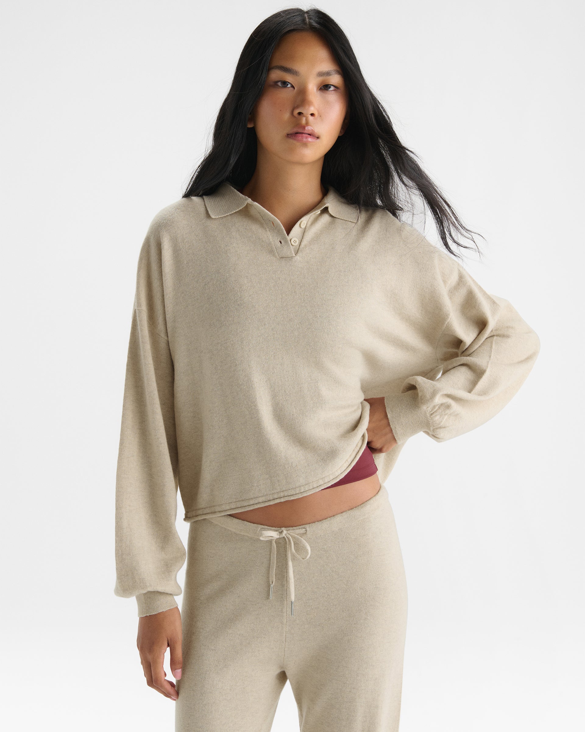 Roll Edge Knit Polo Top - Oatmeal Marl